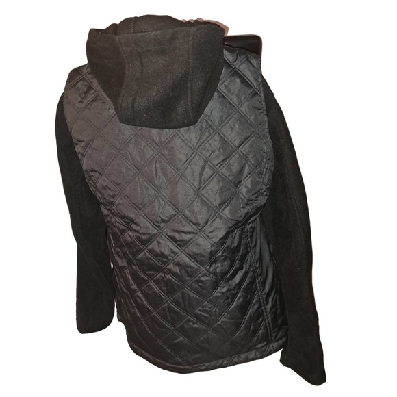 NIB-Med Denim&Co Black Quilted Zip Front Vest Removable Fleece Hoodie - Picture 3 of 9
